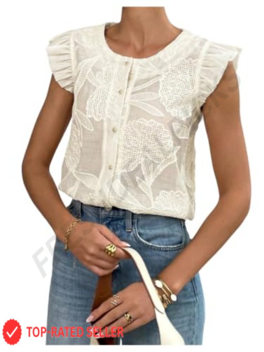 Ruffle Cap Sleeve Embroidered Jacquard Blouse Button Down Top